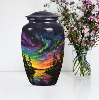 Classic 10-inch purple meadow design Northern Lights large cremation urn made of aluminium