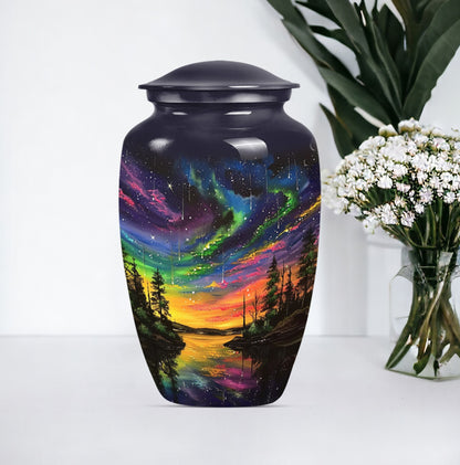 Classic 10-inch purple meadow design Northern Lights large cremation urn made of aluminium