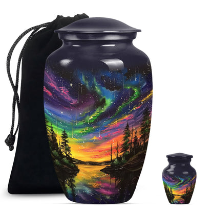 Classic 10-inch purple meadow design Northern Lights large cremation urn made of aluminium