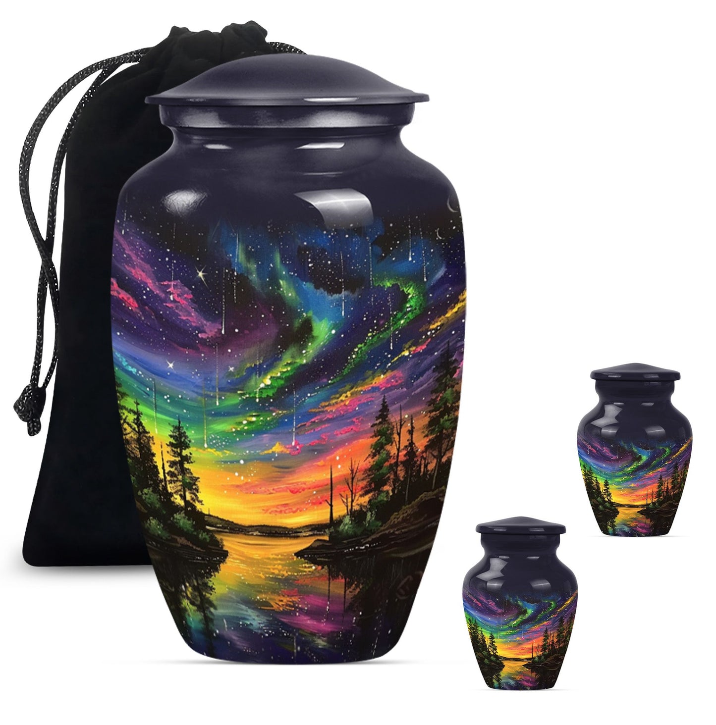 Classic 10-inch purple meadow design Northern Lights large cremation urn made of aluminium