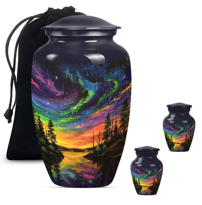Classic 10-inch purple meadow design Northern Lights large cremation urn made of aluminium