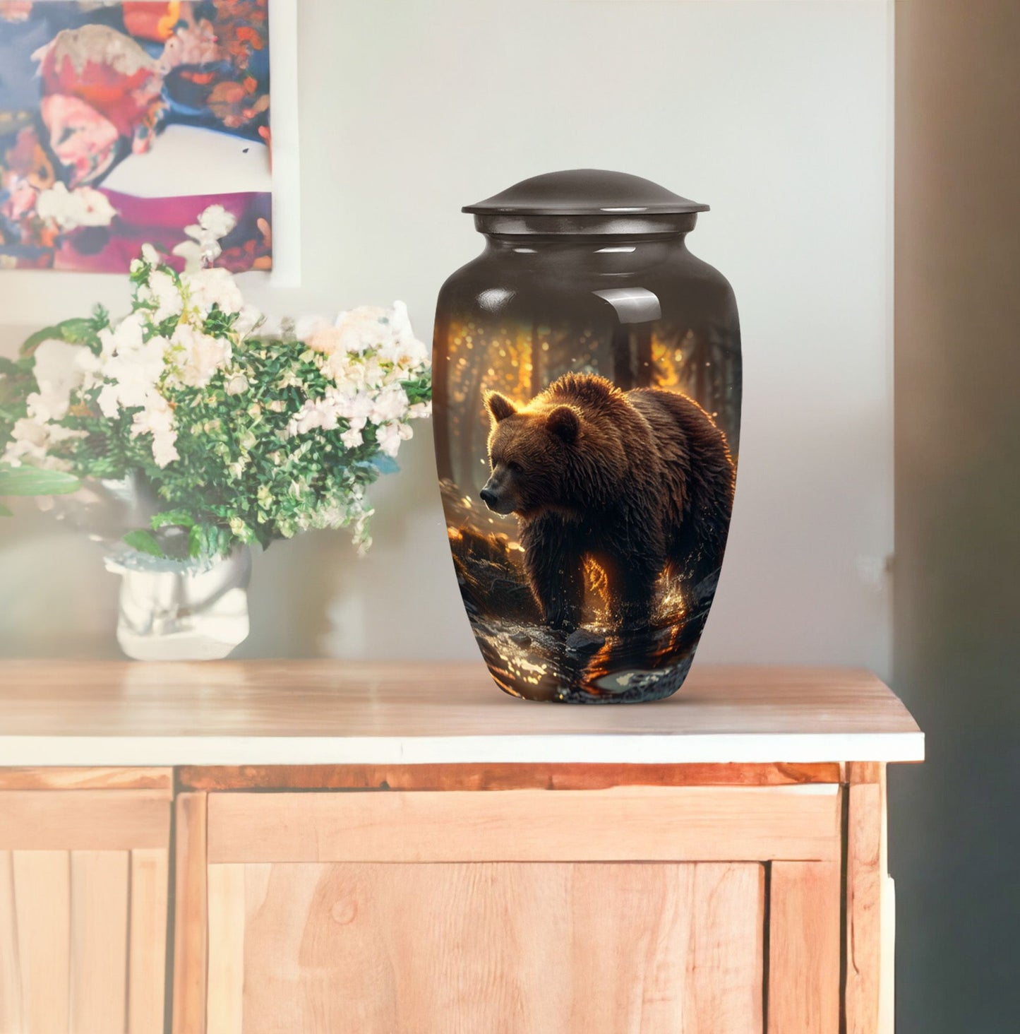 Large classic Bear Urn in Purple Meadow theme.