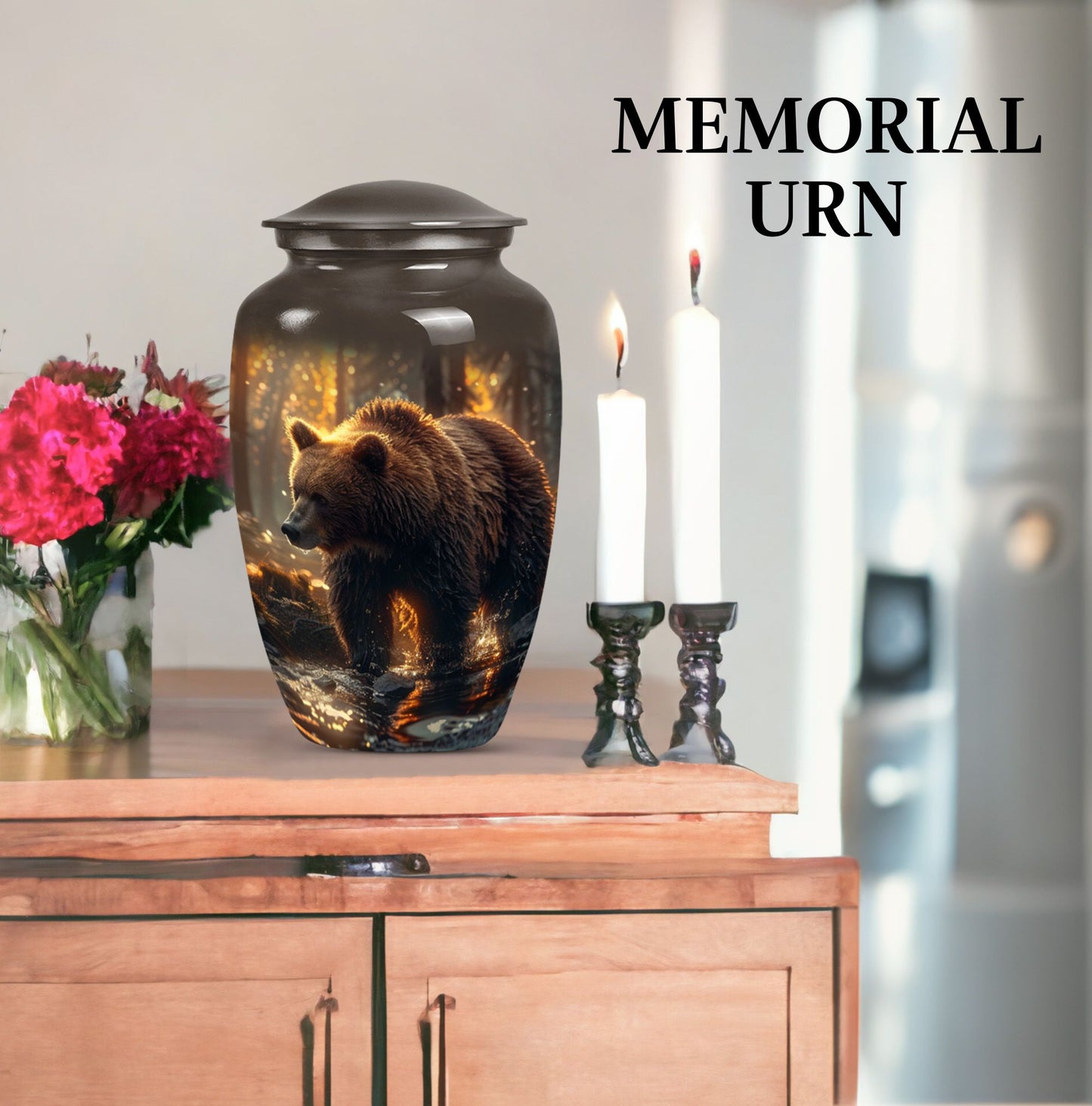 Large classic Bear Urn in Purple Meadow theme.