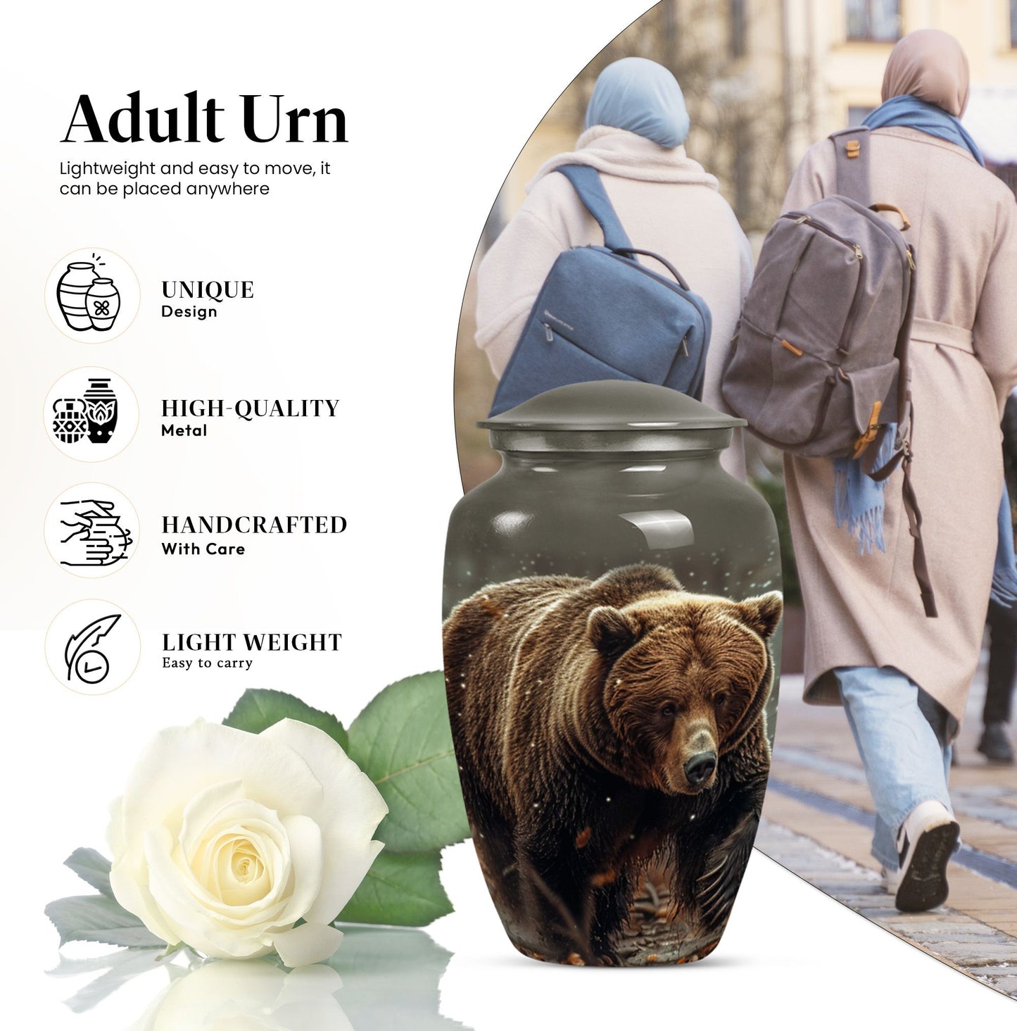 10-inch Bear Urn in Purple Meadow theme for human ashes.
