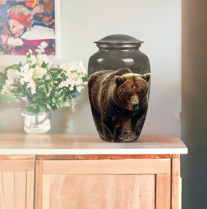 10-inch Bear Urn in Purple Meadow theme for human ashes.