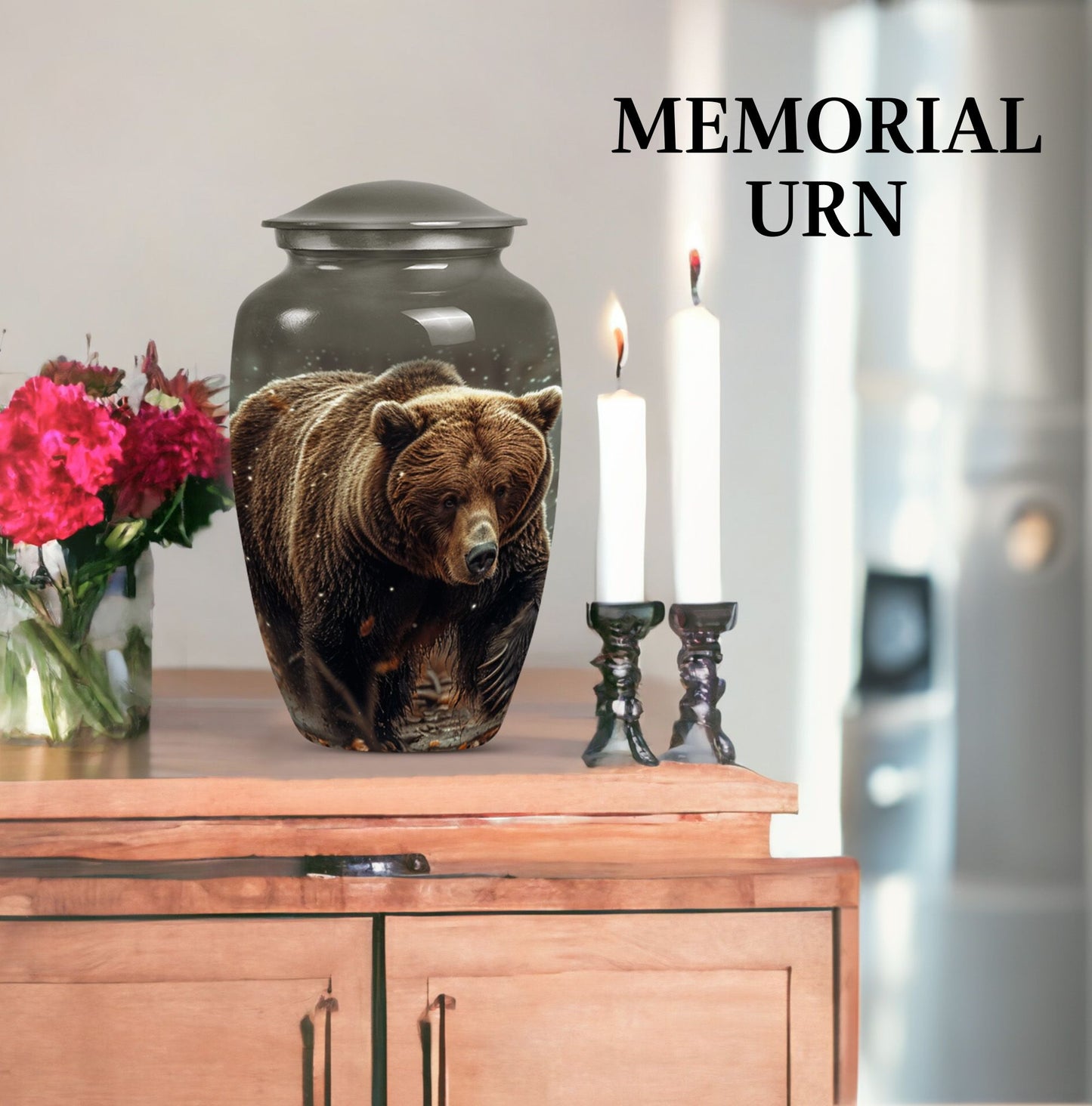 10-inch Bear Urn in Purple Meadow theme for human ashes.