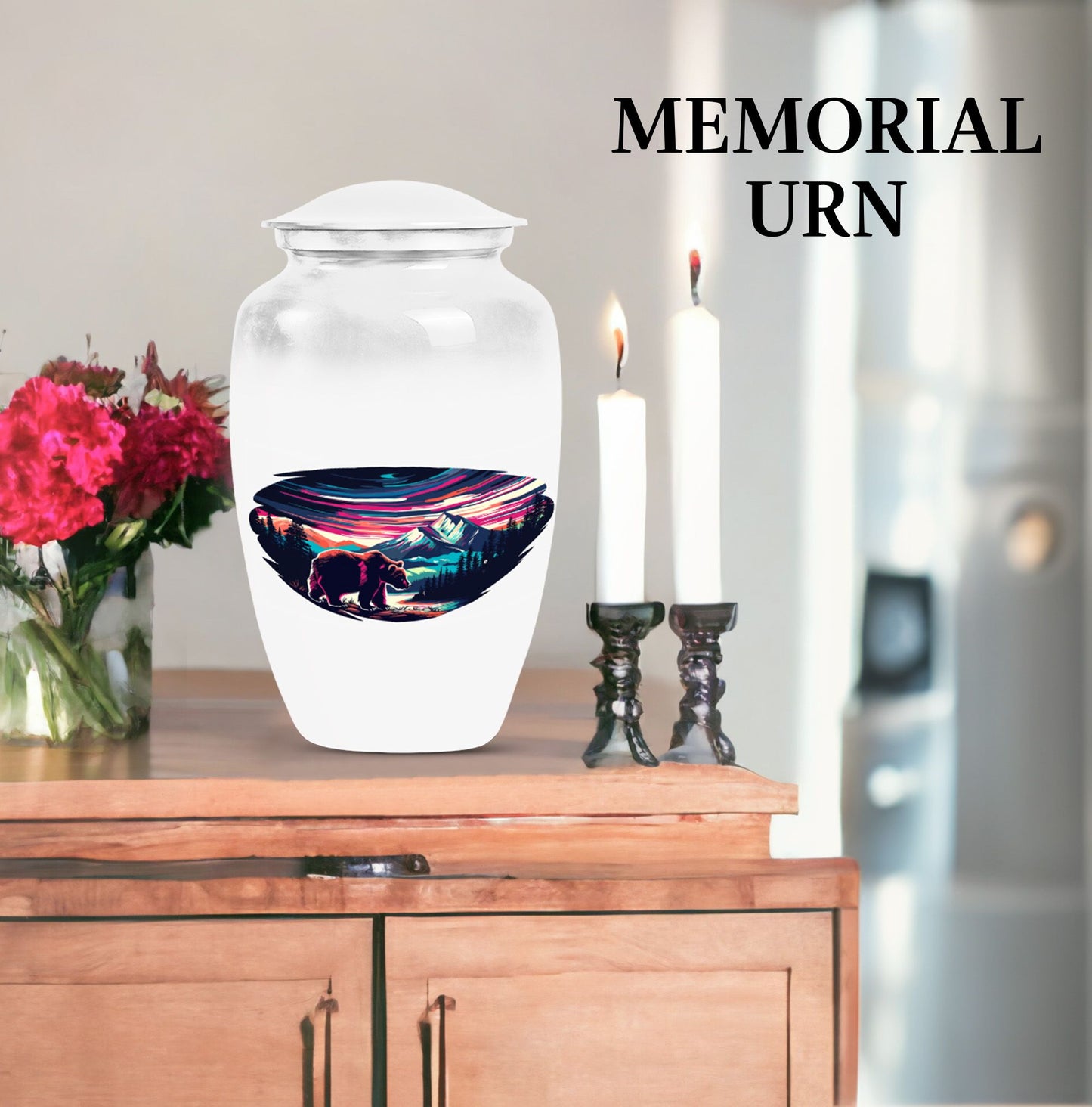  bear urn in purple meadow 