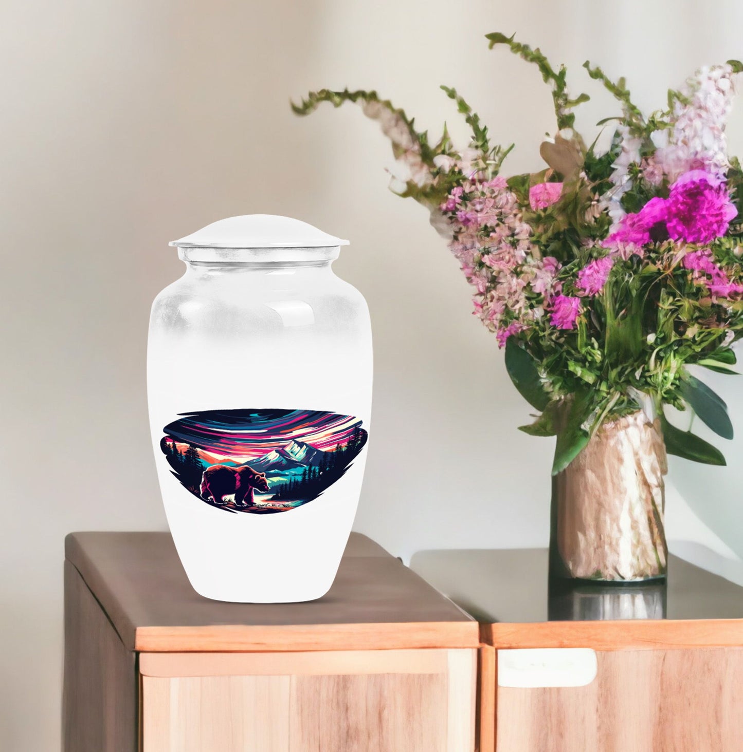  bear urn in purple meadow 
