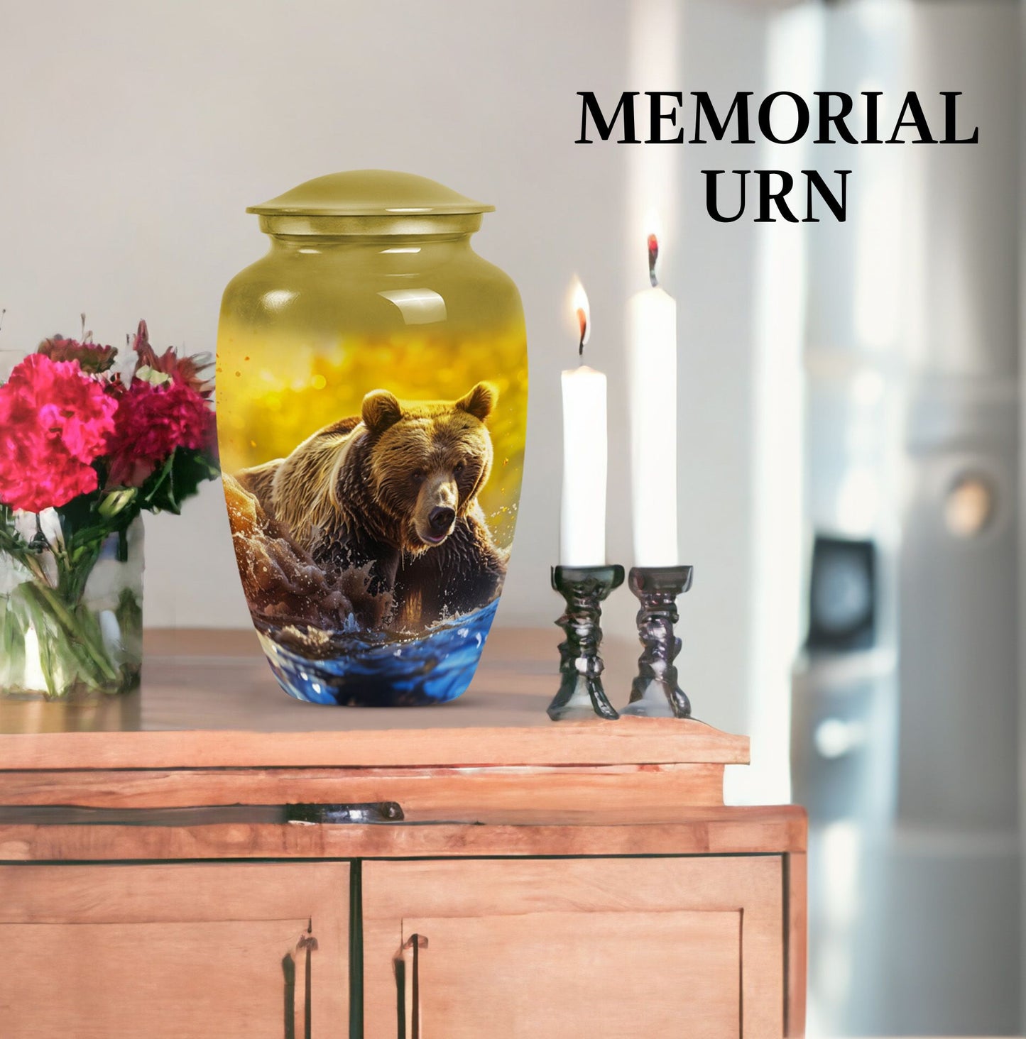 Classic Bear Urn in Purple Meadow theme.