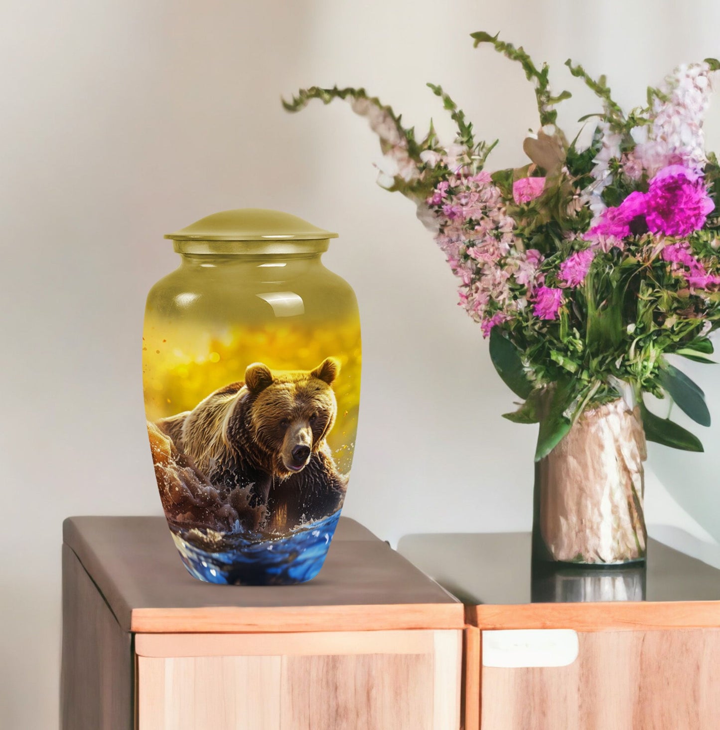 Classic Bear Urn in Purple Meadow theme.
