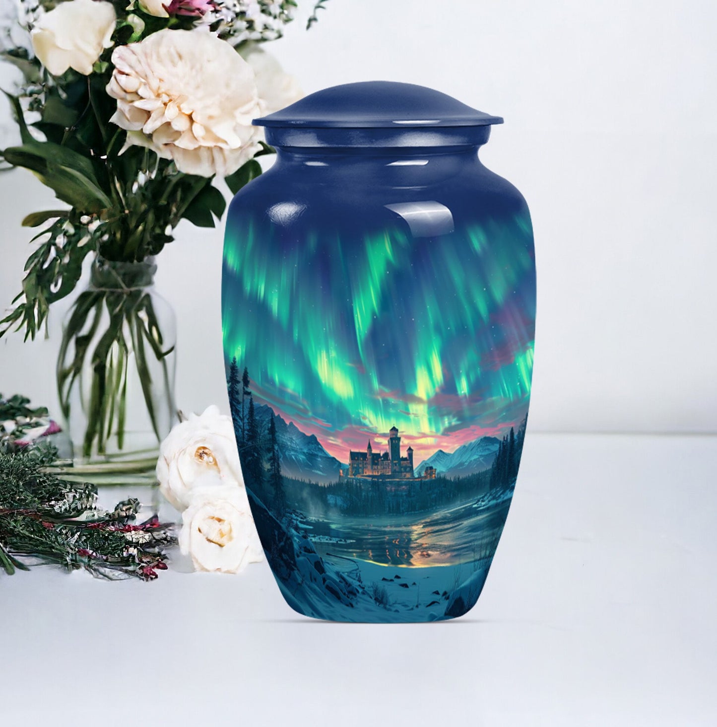 10-inch Northern Lights Urn in Purple Meadow.