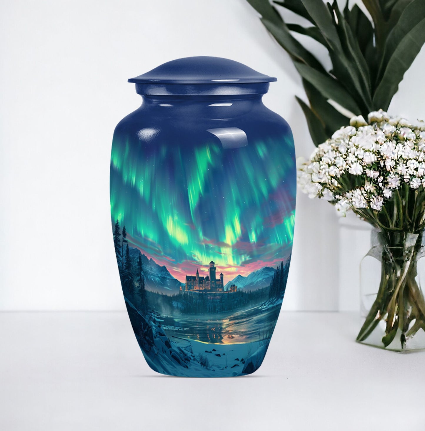10-inch Northern Lights Urn in Purple Meadow.
