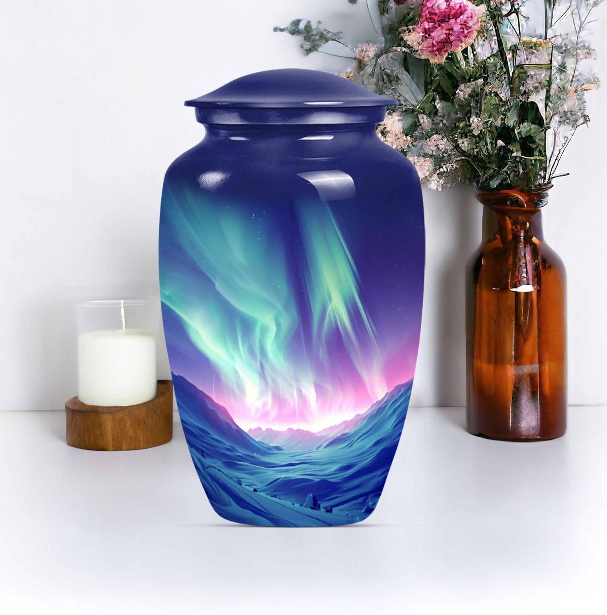 10-inch classic northern lights urn in purple meadow design 