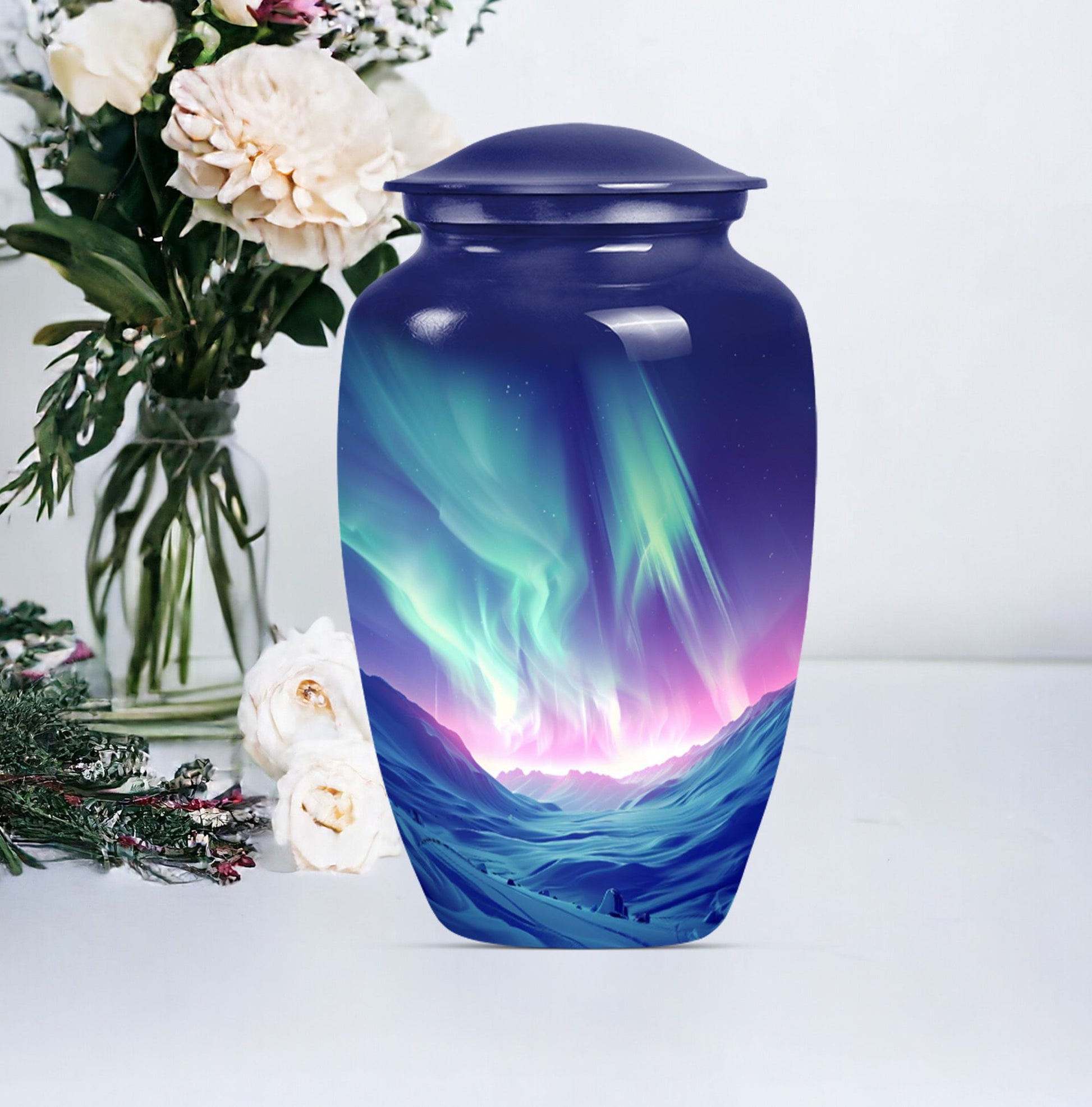 10-inch classic northern lights urn in purple meadow design 