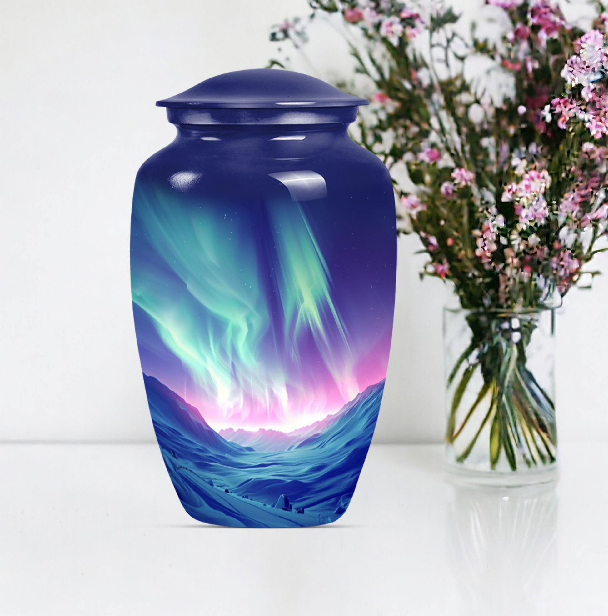 10-inch classic northern lights urn in purple meadow design 