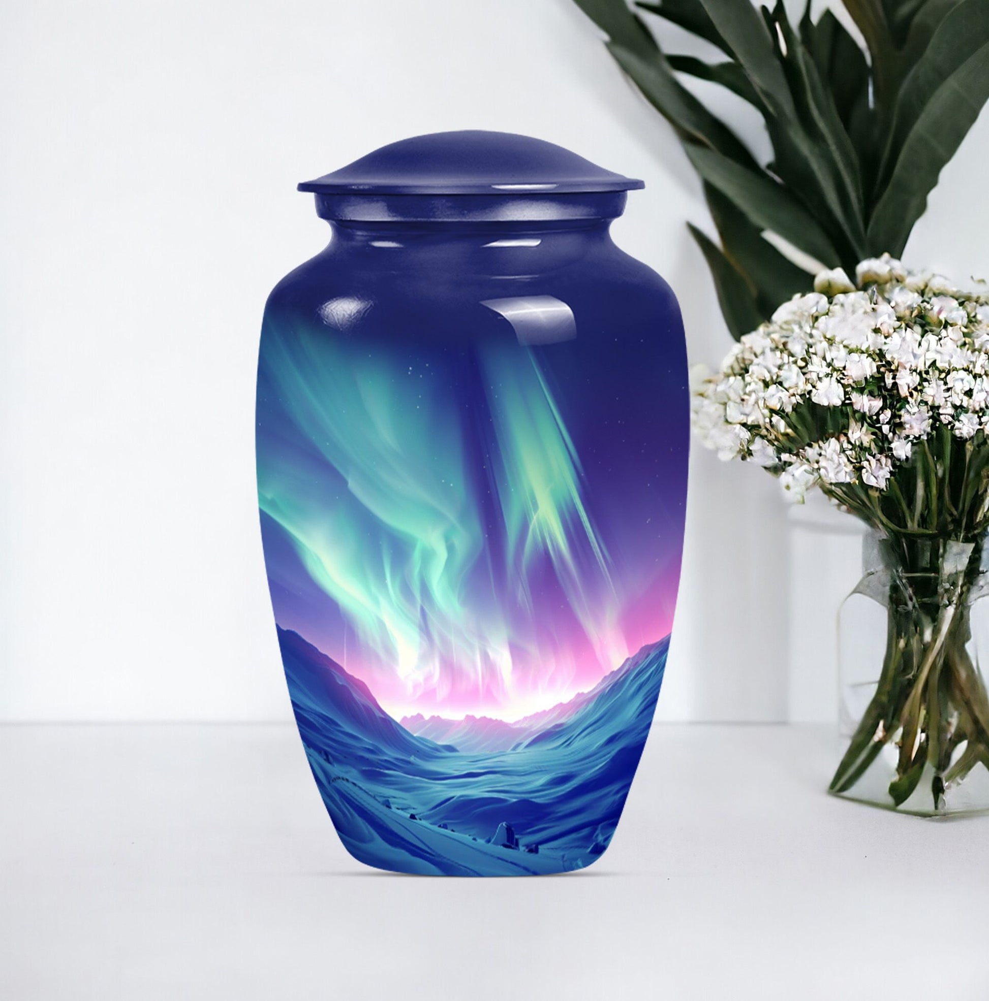 10-inch classic northern lights urn in purple meadow design 