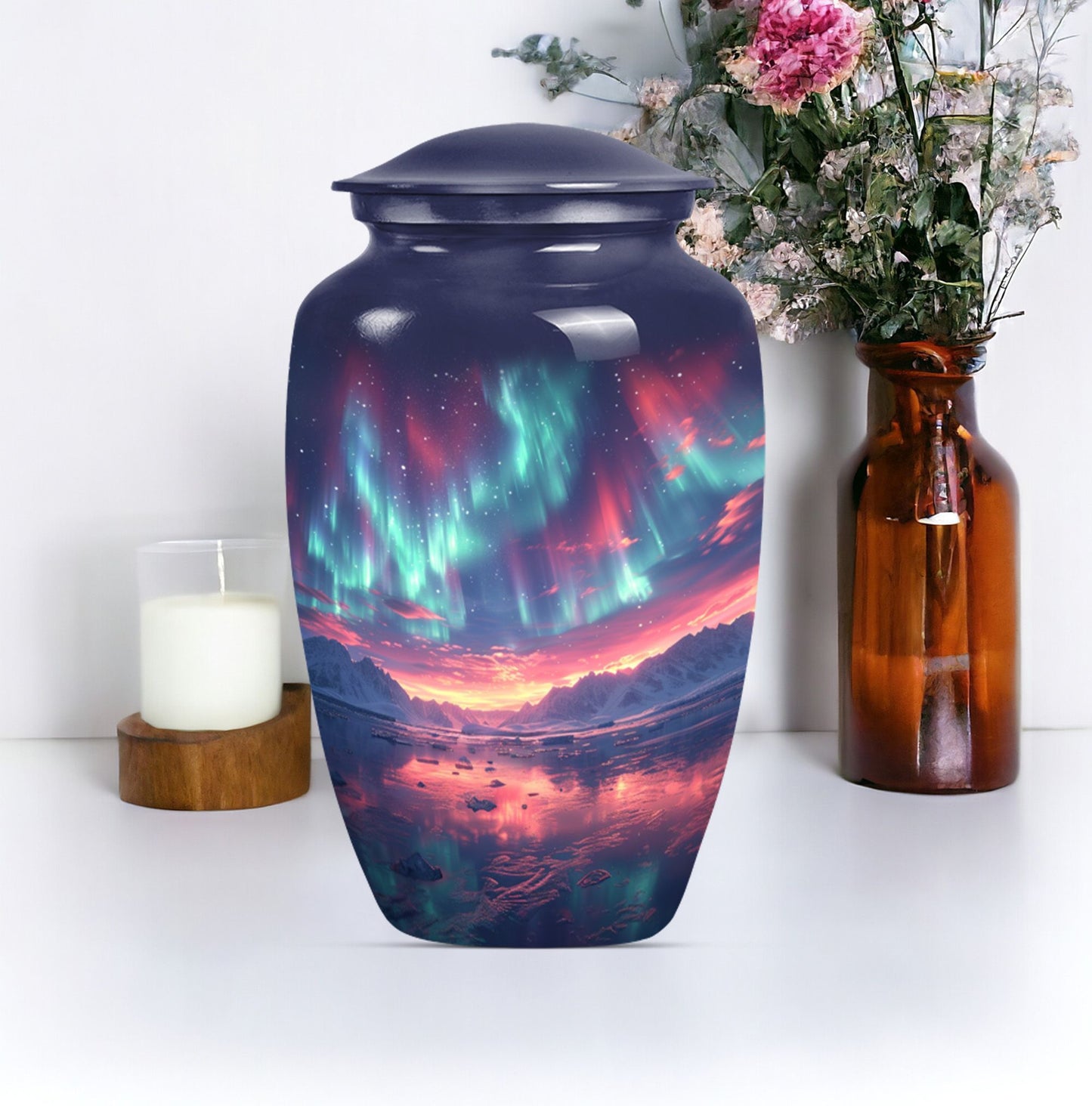 Classic 10 inch cremation urn themed as Purple Meadow.