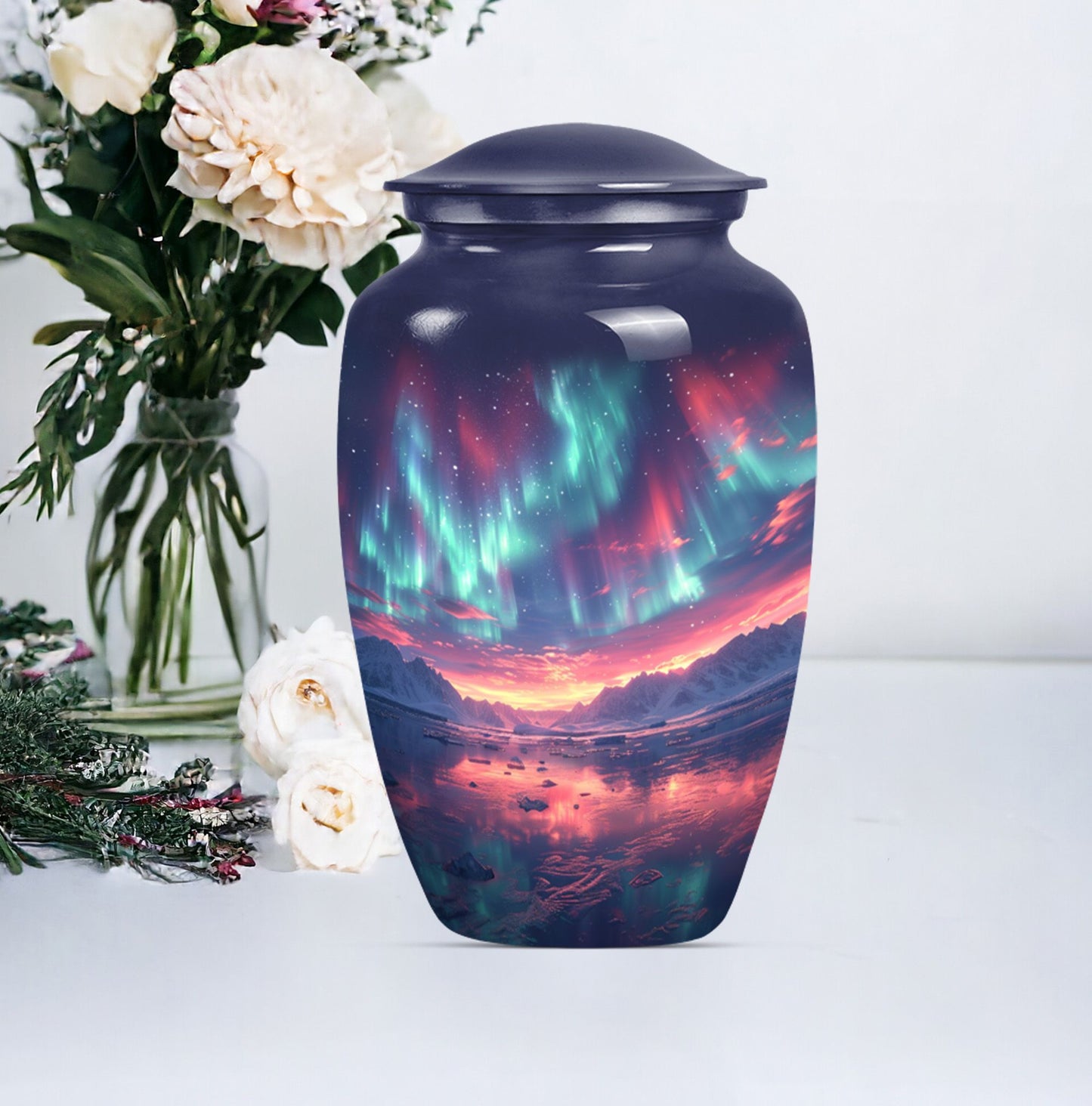 Classic 10 inch cremation urn themed as Purple Meadow.