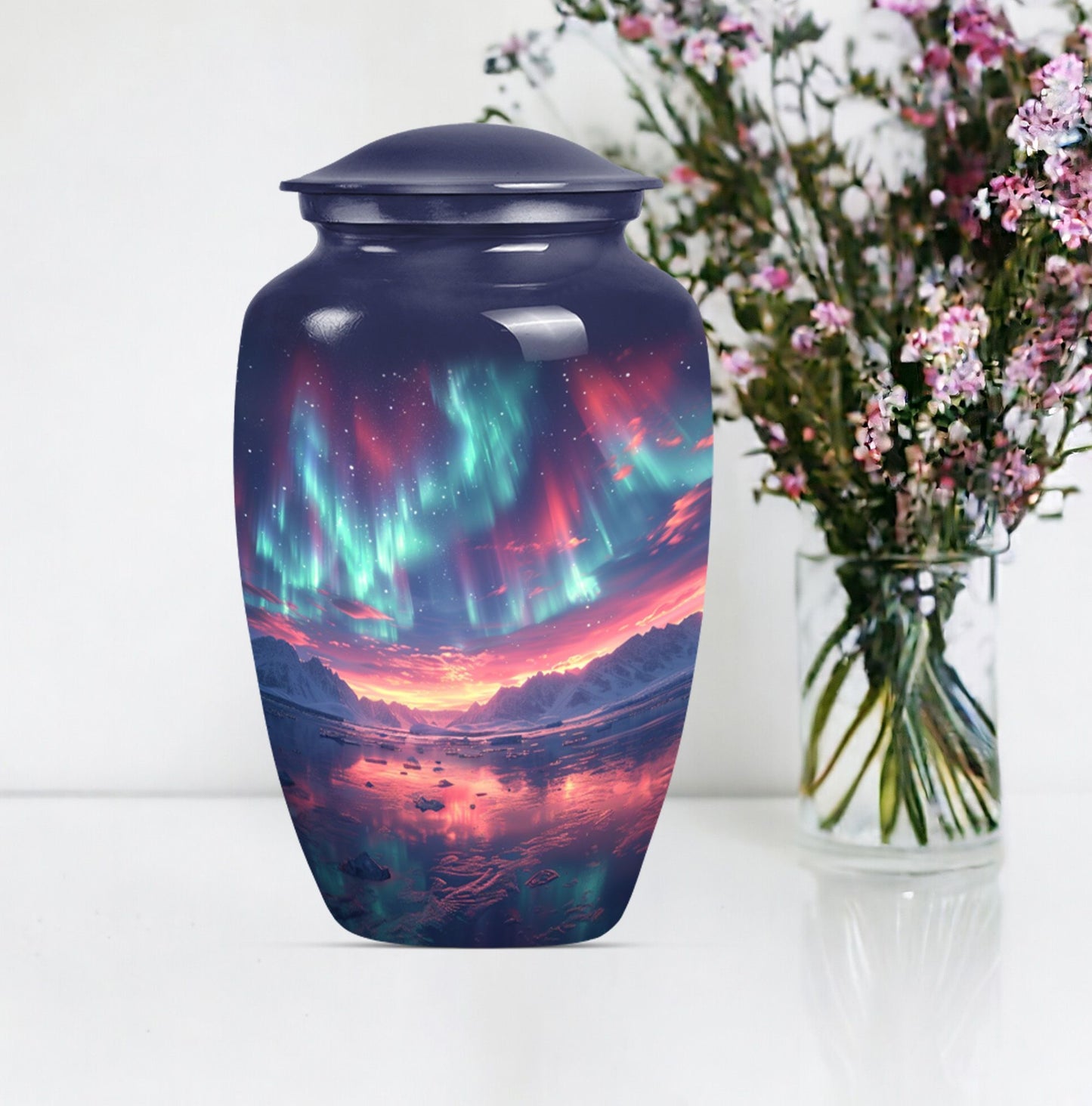 Classic 10 inch cremation urn themed as Purple Meadow.