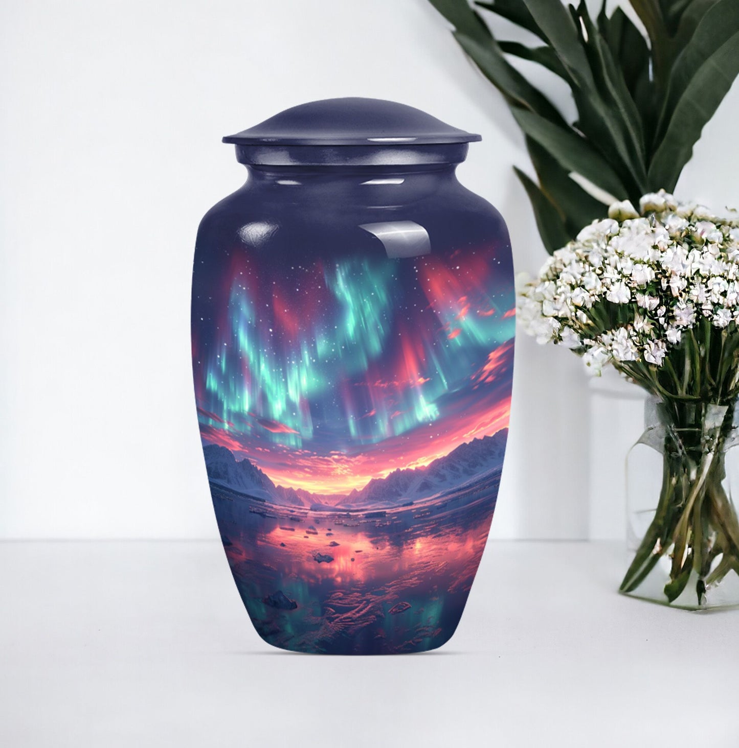 Classic 10 inch cremation urn themed as Purple Meadow.