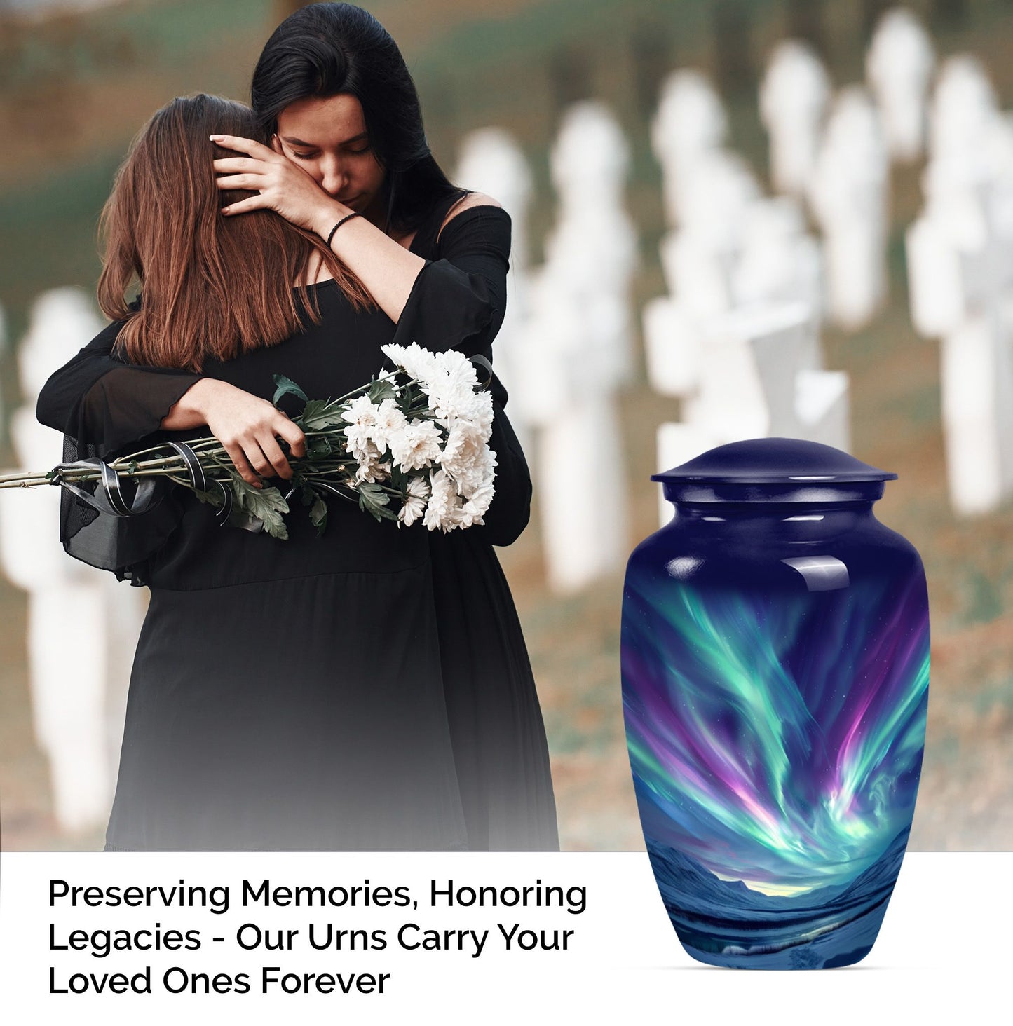 Elegant 10 Inch northern lights urn in Purple Meadow.
