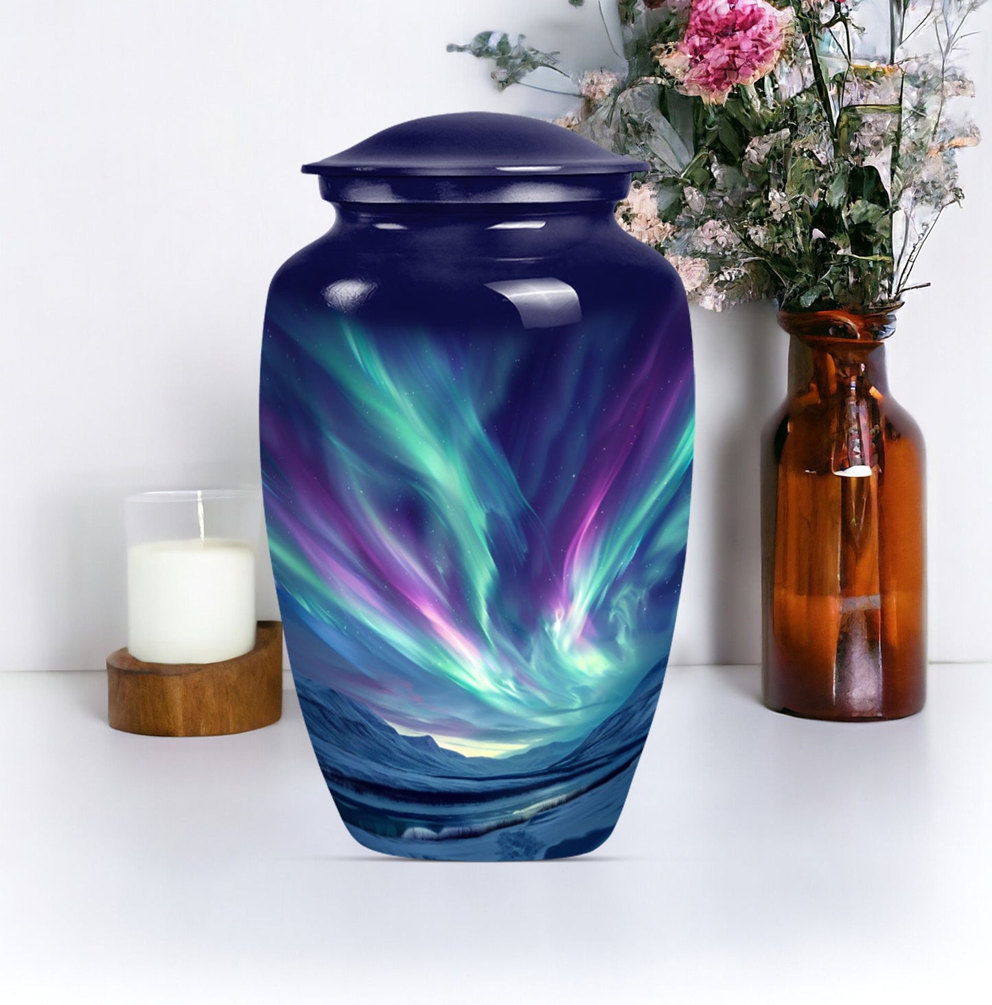 Elegant 10 Inch northern lights urn in Purple Meadow.