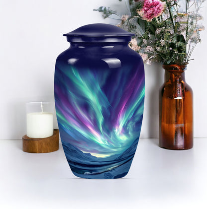 Elegant 10 Inch northern lights urn in Purple Meadow.