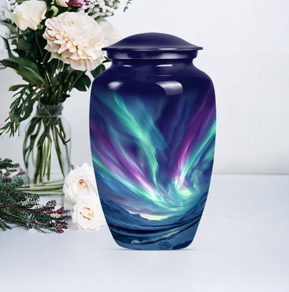 Elegant 10 Inch northern lights urn in Purple Meadow.