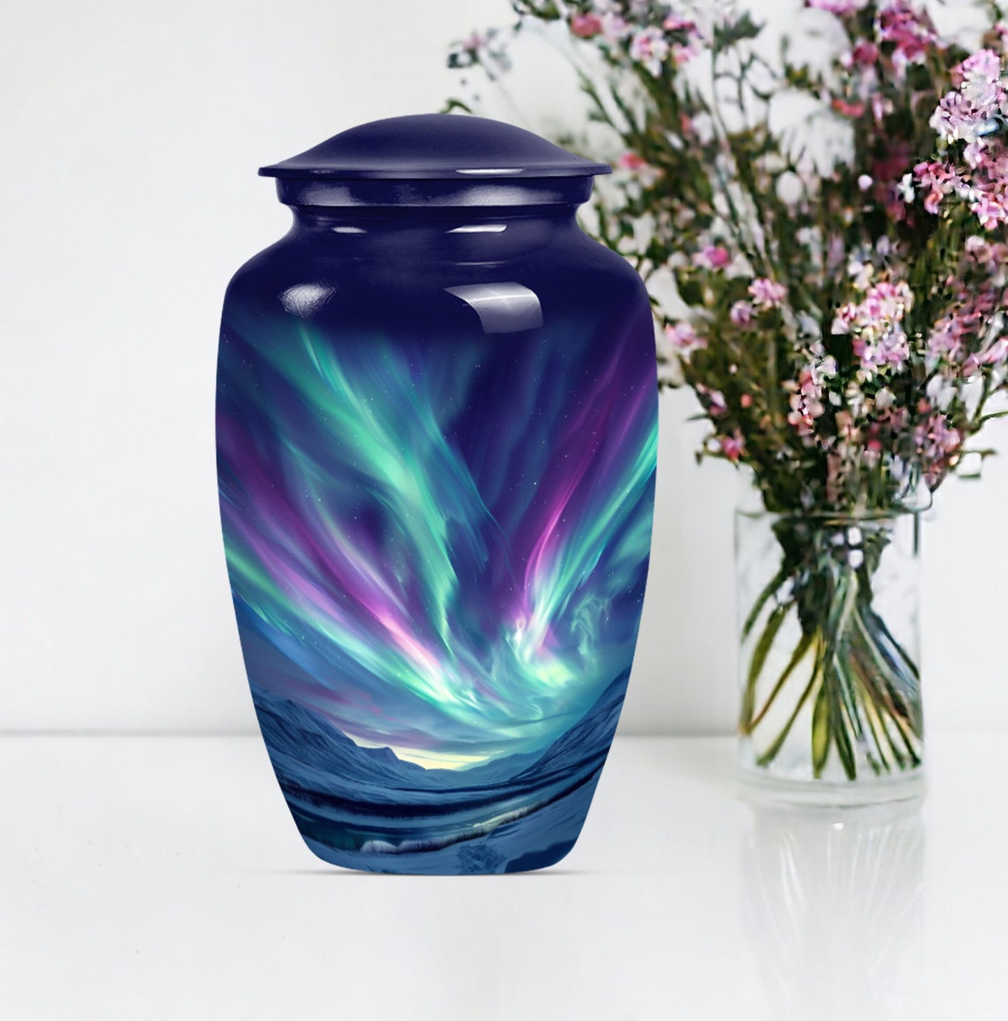 Elegant 10 Inch northern lights urn in Purple Meadow.