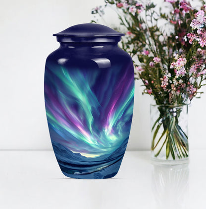 Elegant 10 Inch northern lights urn in Purple Meadow.