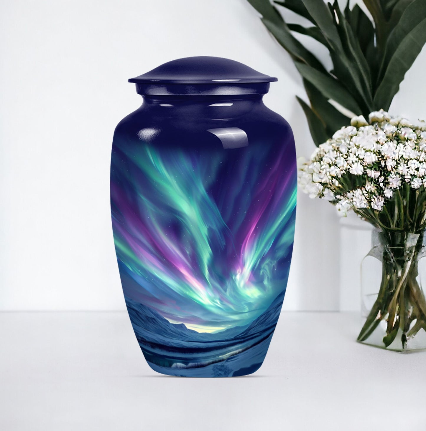 Elegant 10 Inch northern lights urn in Purple Meadow.