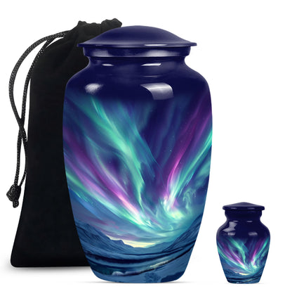 Elegant 10 Inch northern lights urn in Purple Meadow.