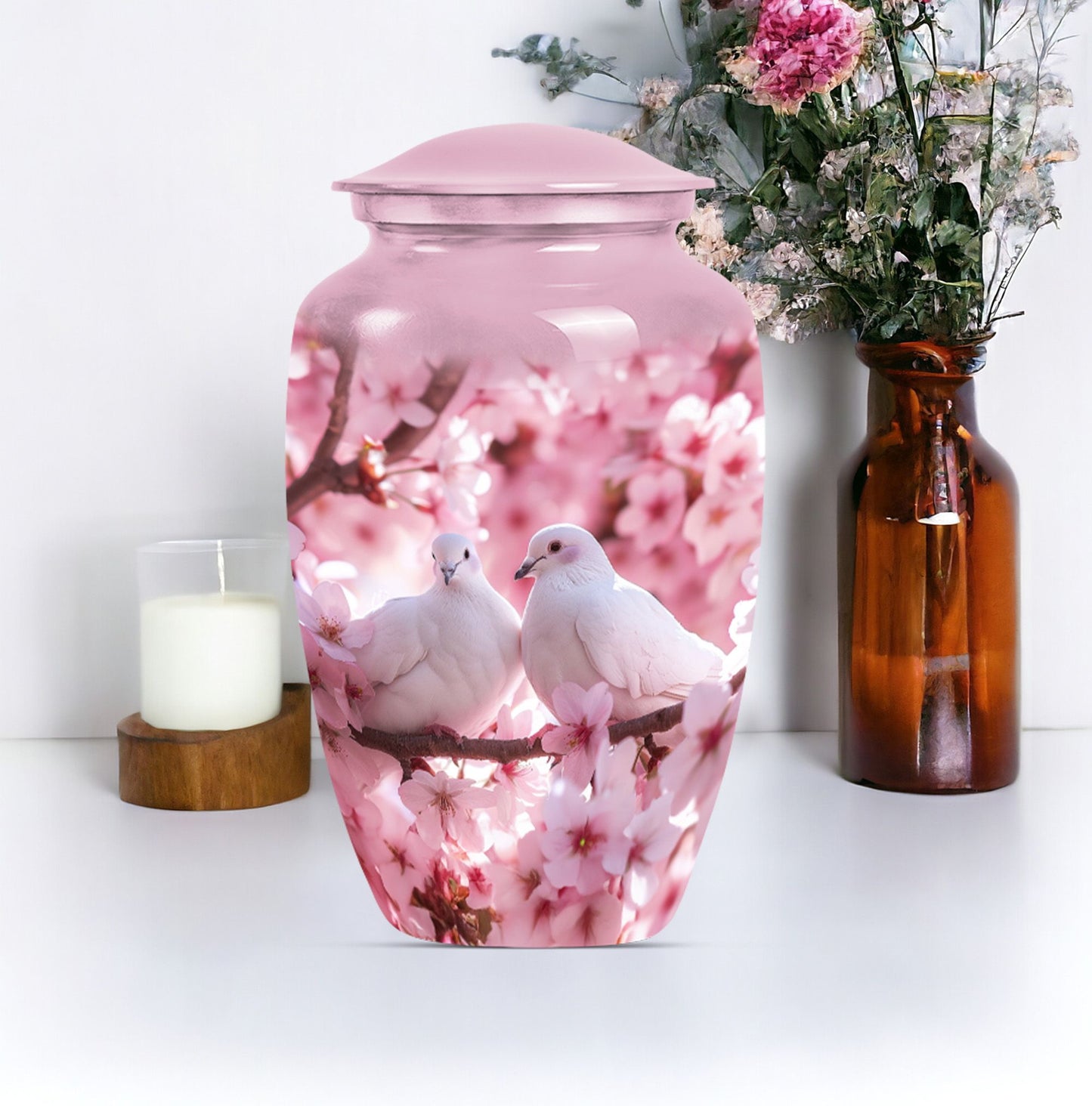 classic dove urn in purple meadow theme.