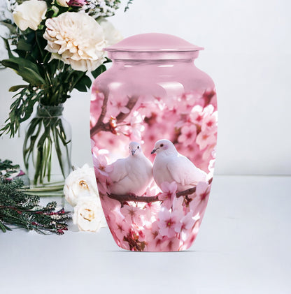 classic dove urn in purple meadow theme.