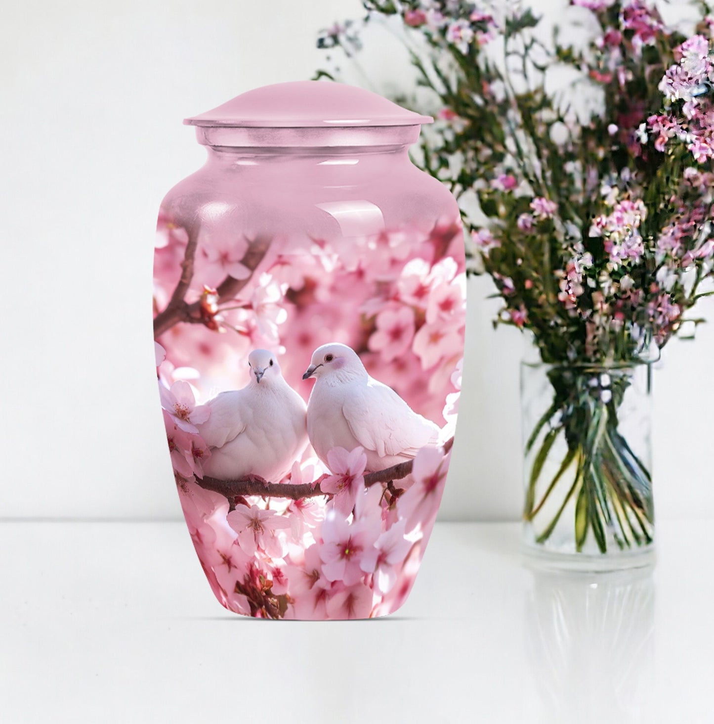 classic dove urn in purple meadow theme.