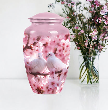 classic dove urn in purple meadow theme.