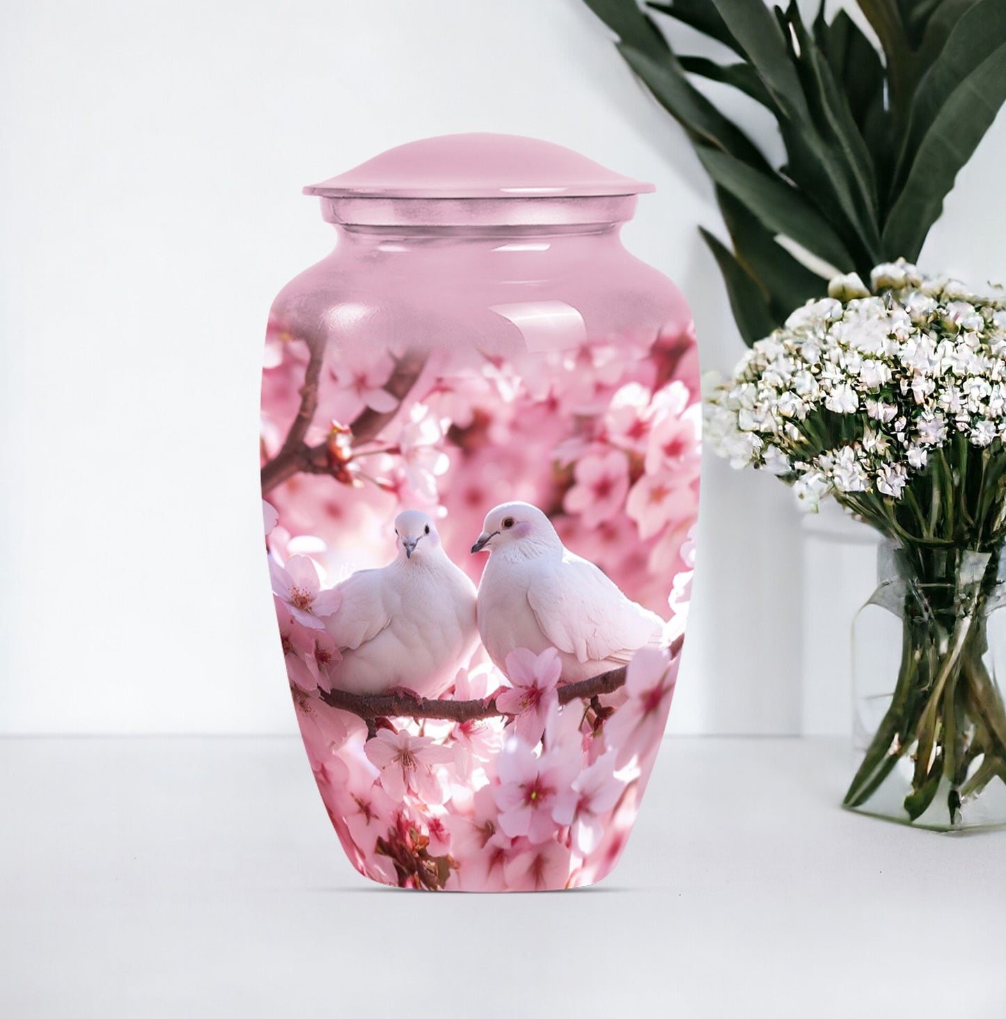 classic dove urn in purple meadow theme.