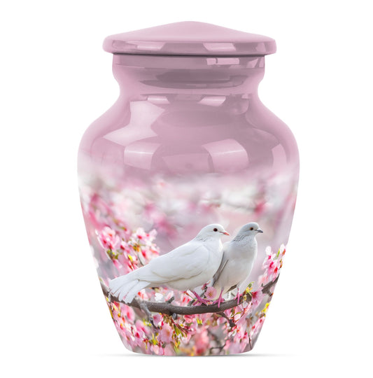 Bird Urn for Human Ashes, Two White Doves Among Blossoms, Memorial Urn
