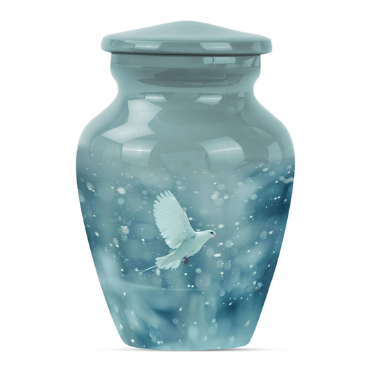 Bird Urn for Human Ashes, White Dove Flying in Snowy Blue, White Memorial Urn