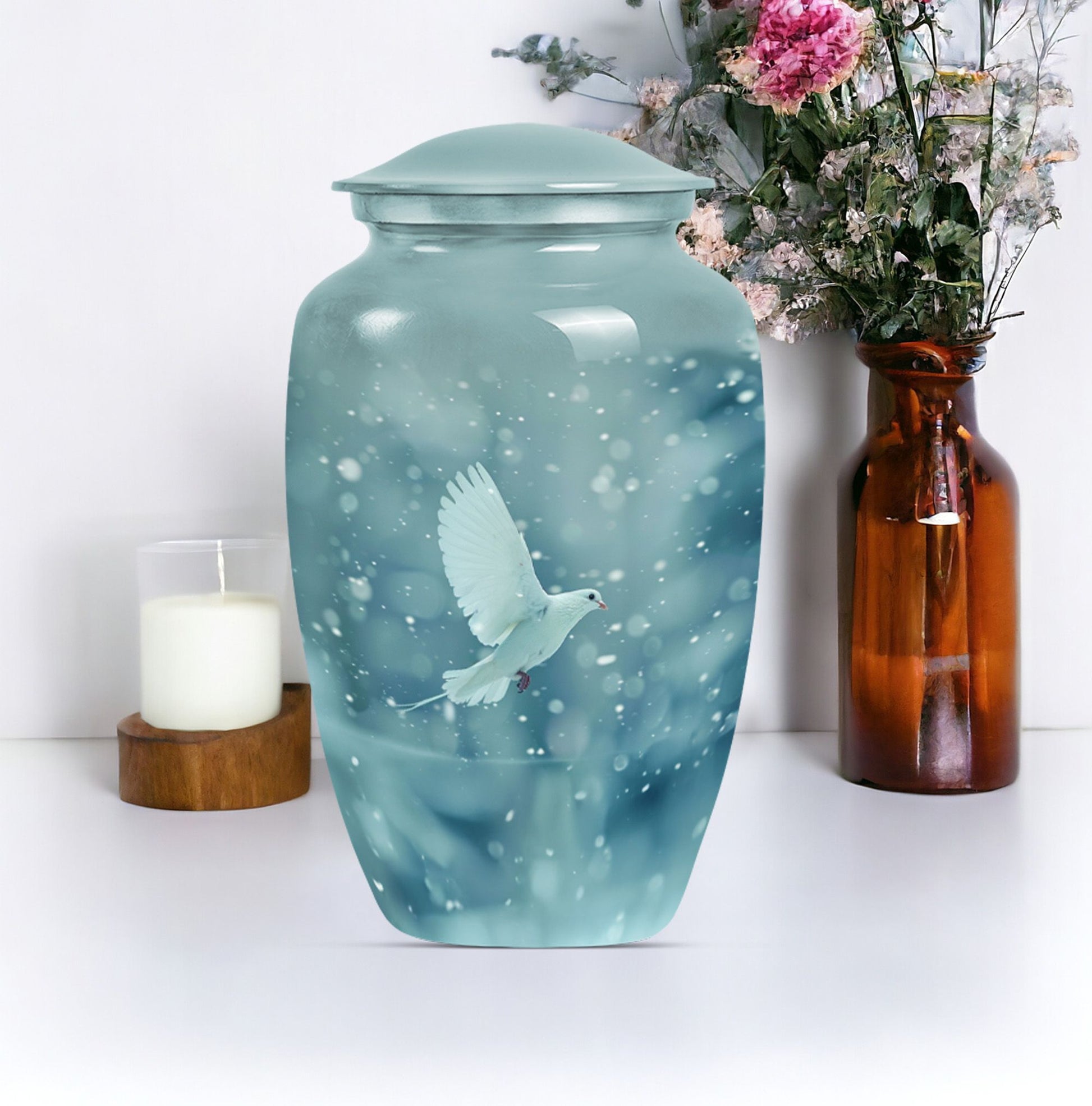 10-inch classic dove Urn in Purple Meadow design, 