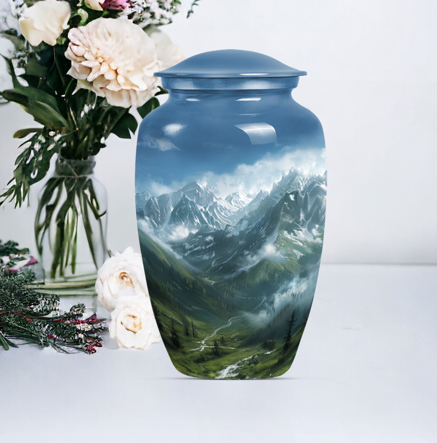 Purple Meadow theme, MOUNTAINS Urn 10 inch.