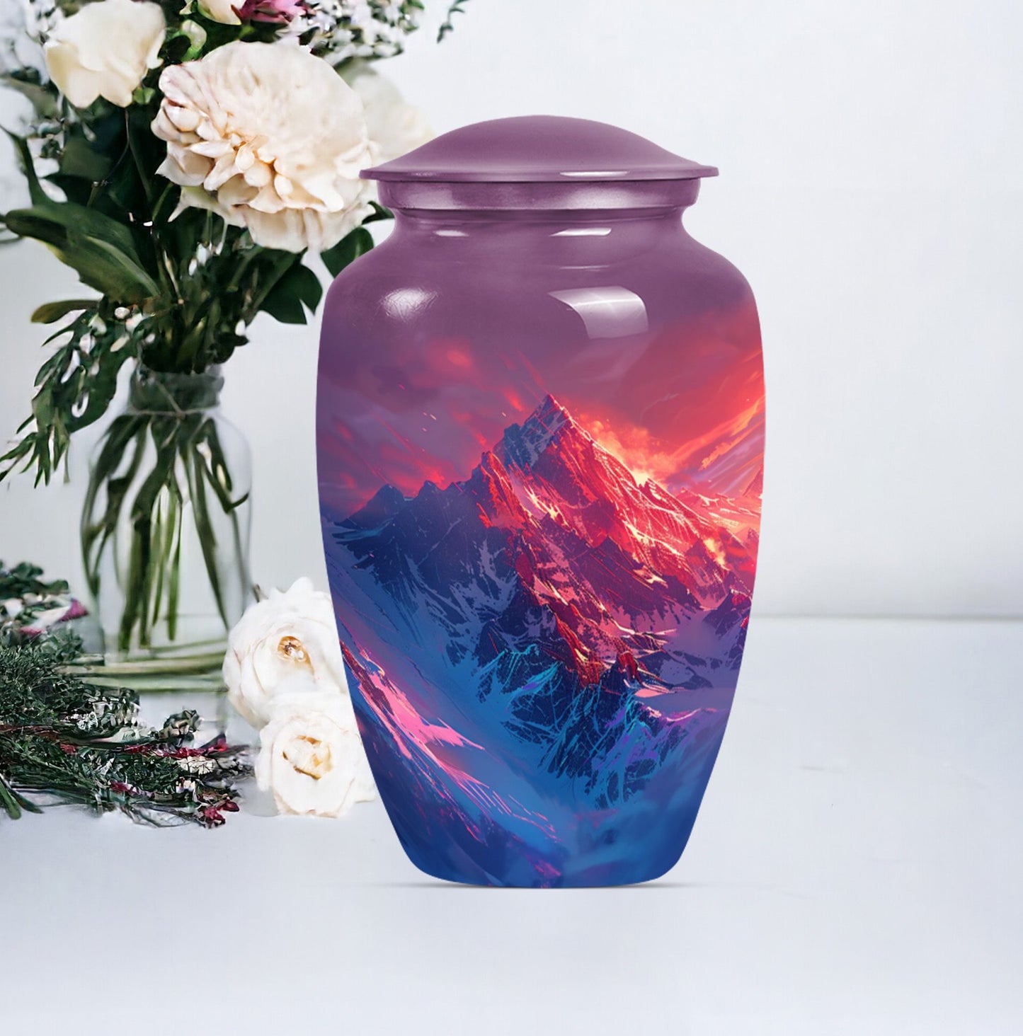 MOUNTAINS Urn in Purple Meadow theme,