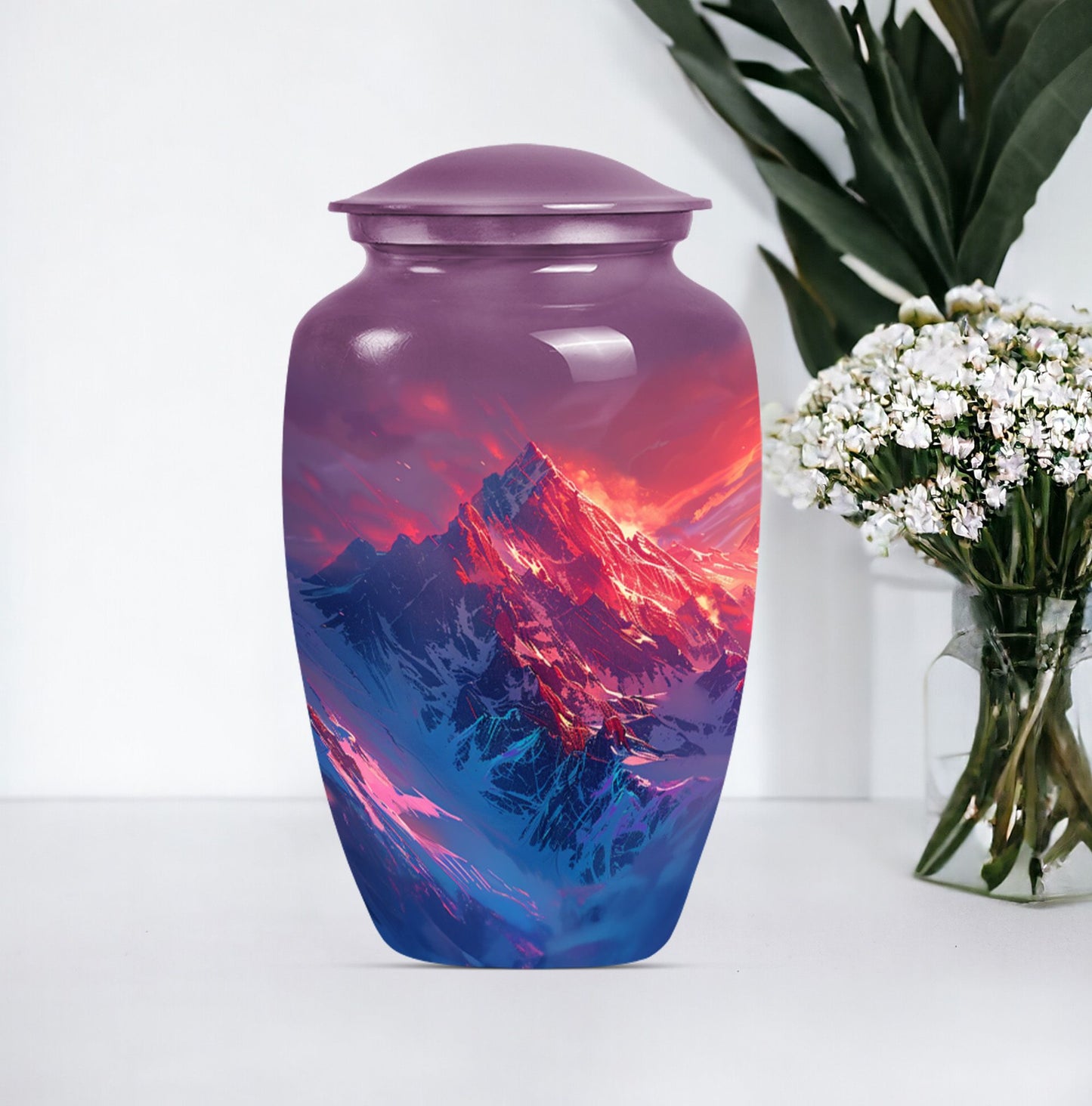 MOUNTAINS Urn in Purple Meadow theme,