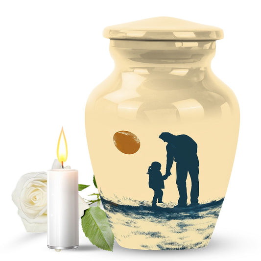 Father Urn for Human Ashes with Father and Daughter Silhouette Under Moon, Memorial Urn