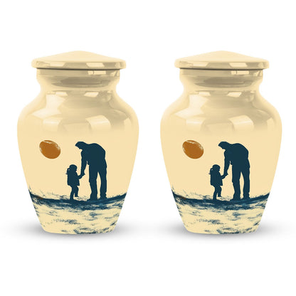 classic urn with father son fishing ashes burial.