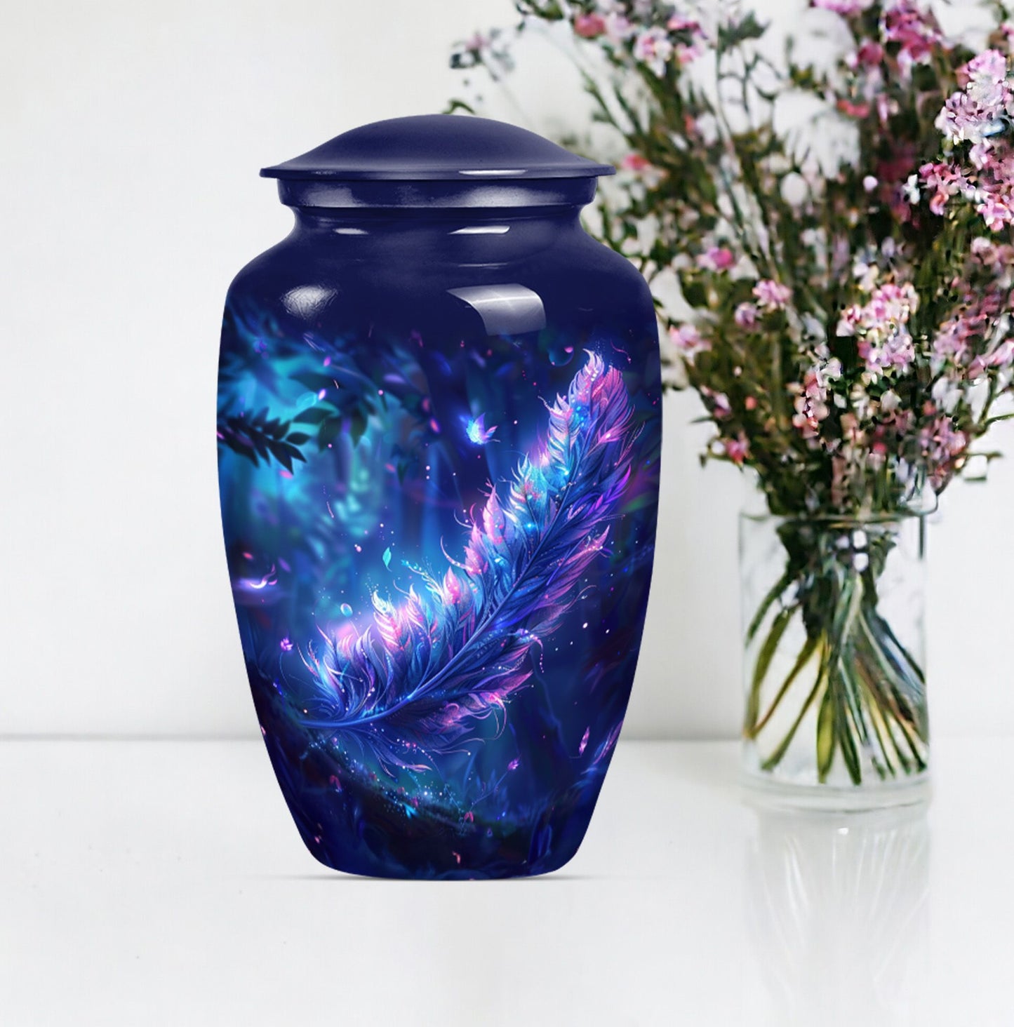 purple meadow themed large feather Urn.