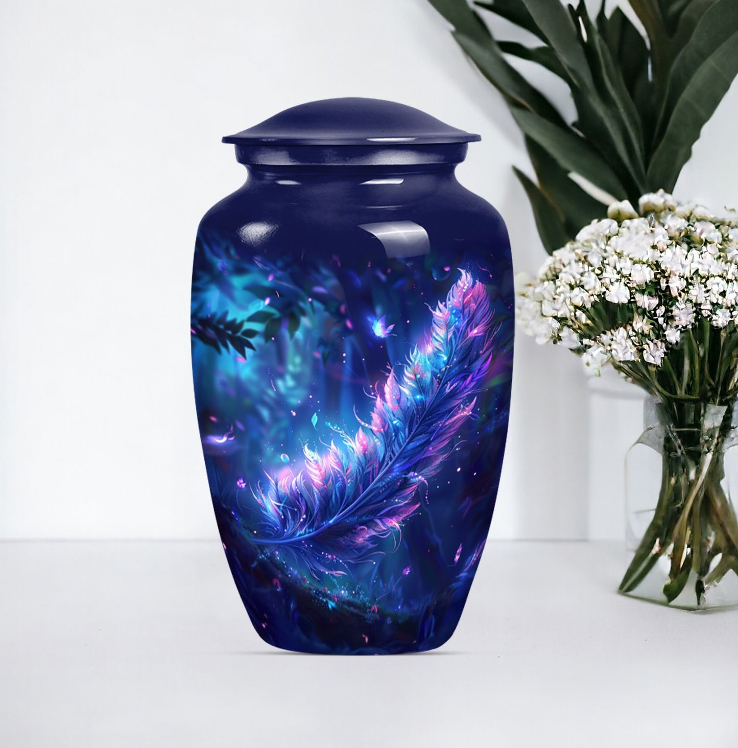 purple meadow themed large feather Urn.