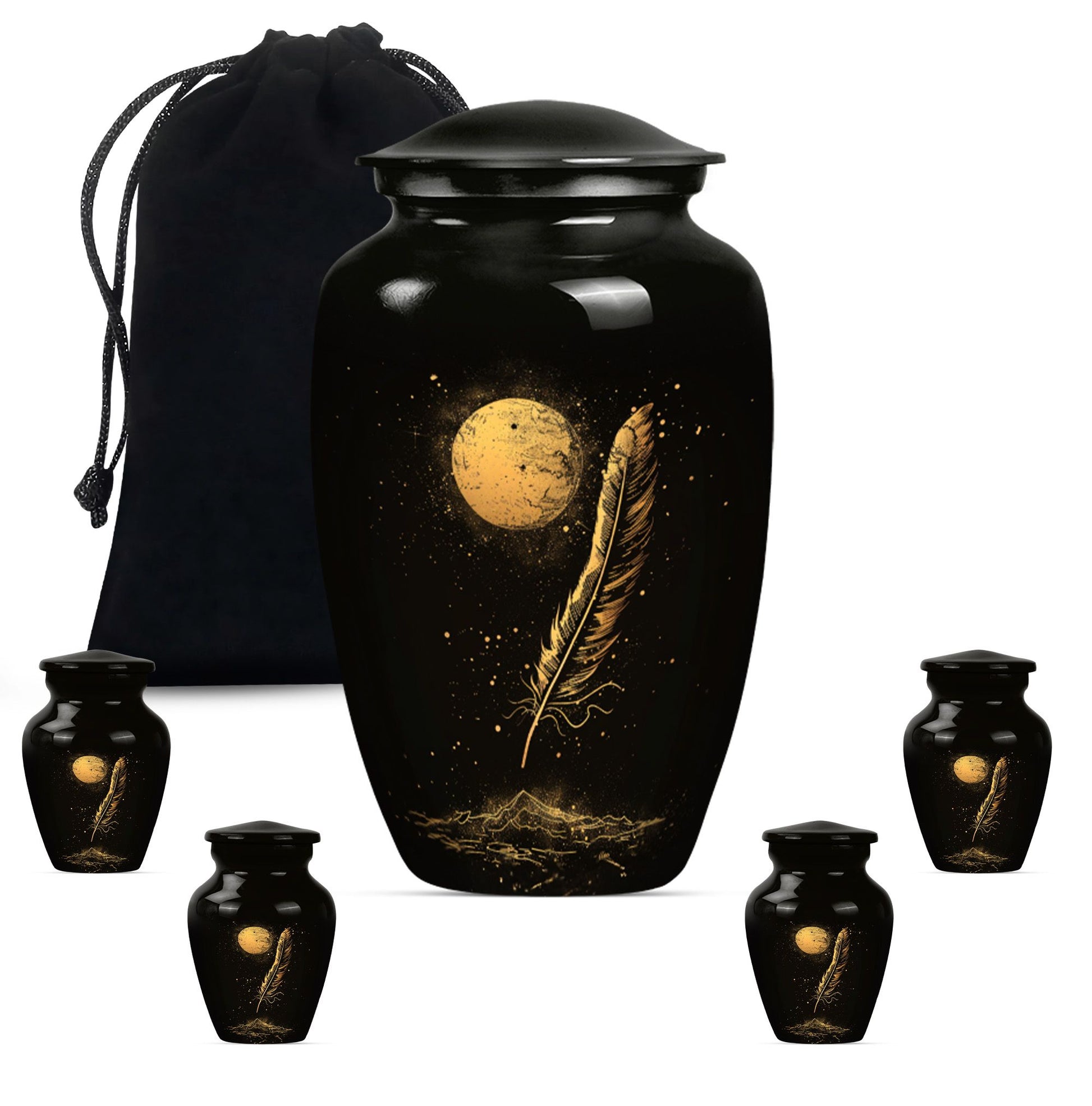 Black Moon Feather Decorative Urns - Cremation Urns For Human Ashes