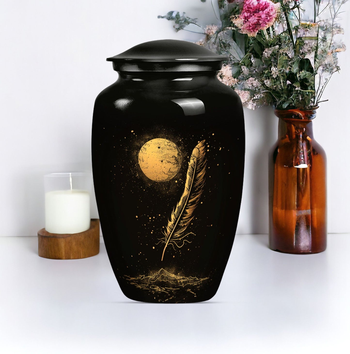 Purple Meadow styled large classic feather Urn.