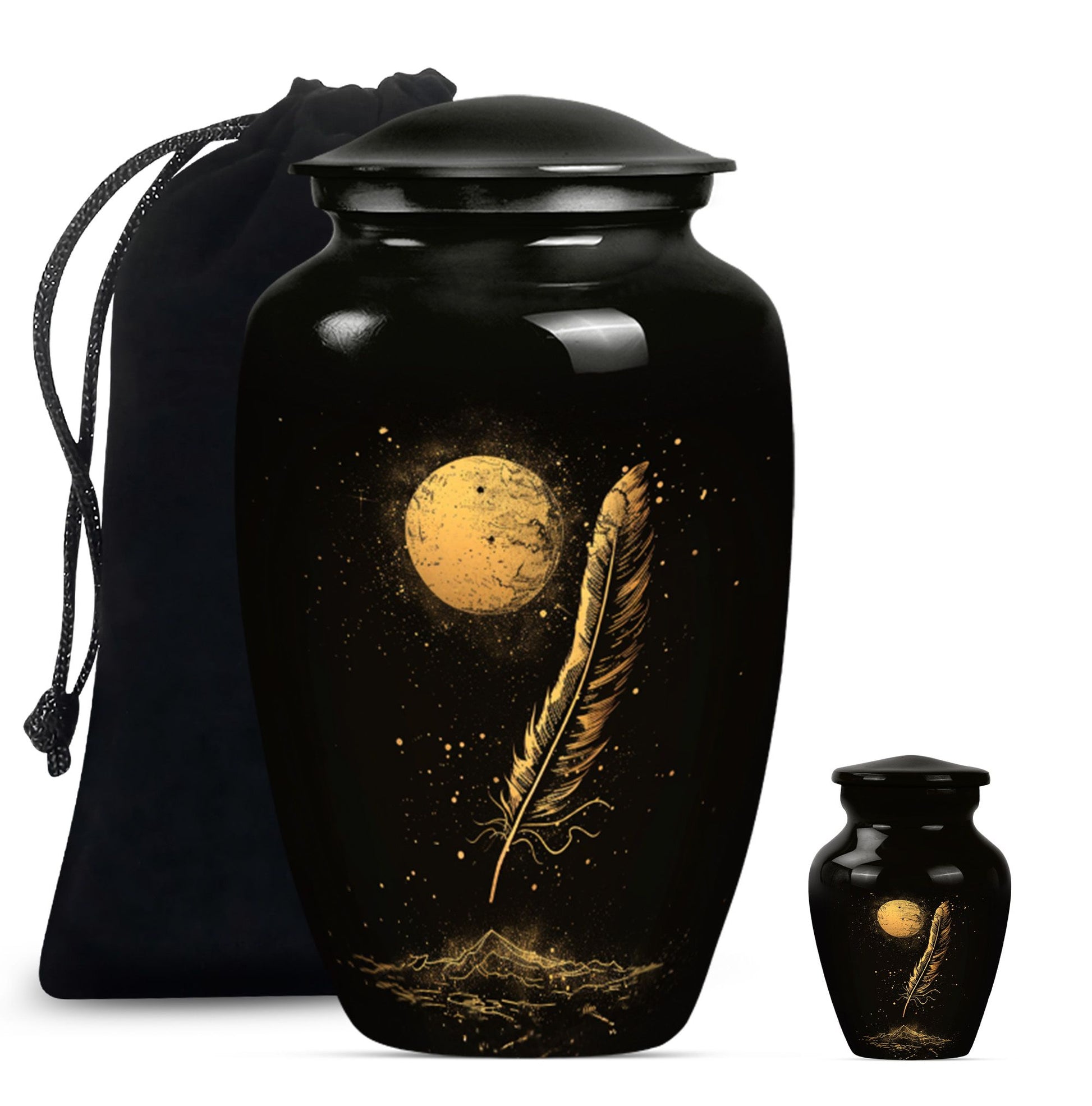 Black Moon Feather Decorative Urns - Cremation Urns For Human Ashes